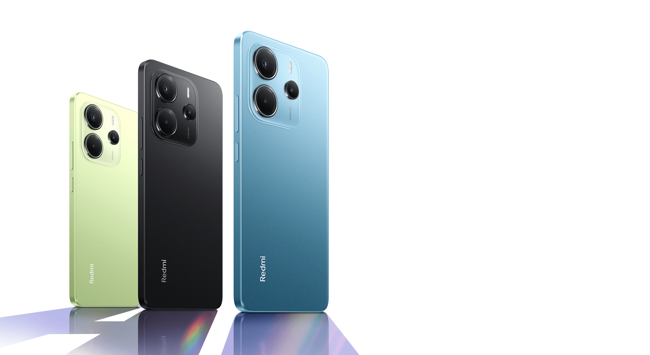Redmi Note 14 nas cores verde, preta e azul visto por trás