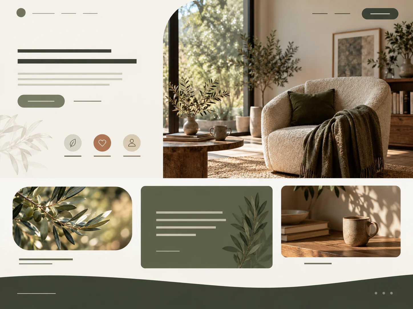 Referência visual de um site de bem-estar com tons naturais, margens amplas e chamada discreta para contato.