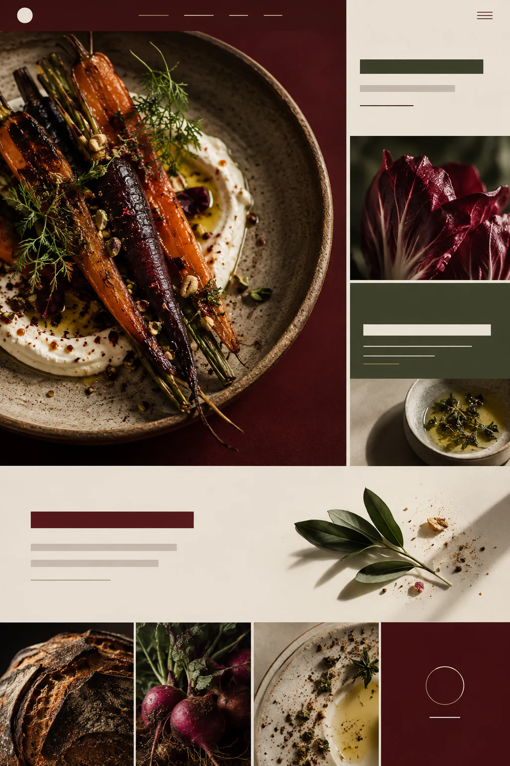 Referência visual para gastronomia com fotografia de ingredientes, cores profundas e composição editorial.