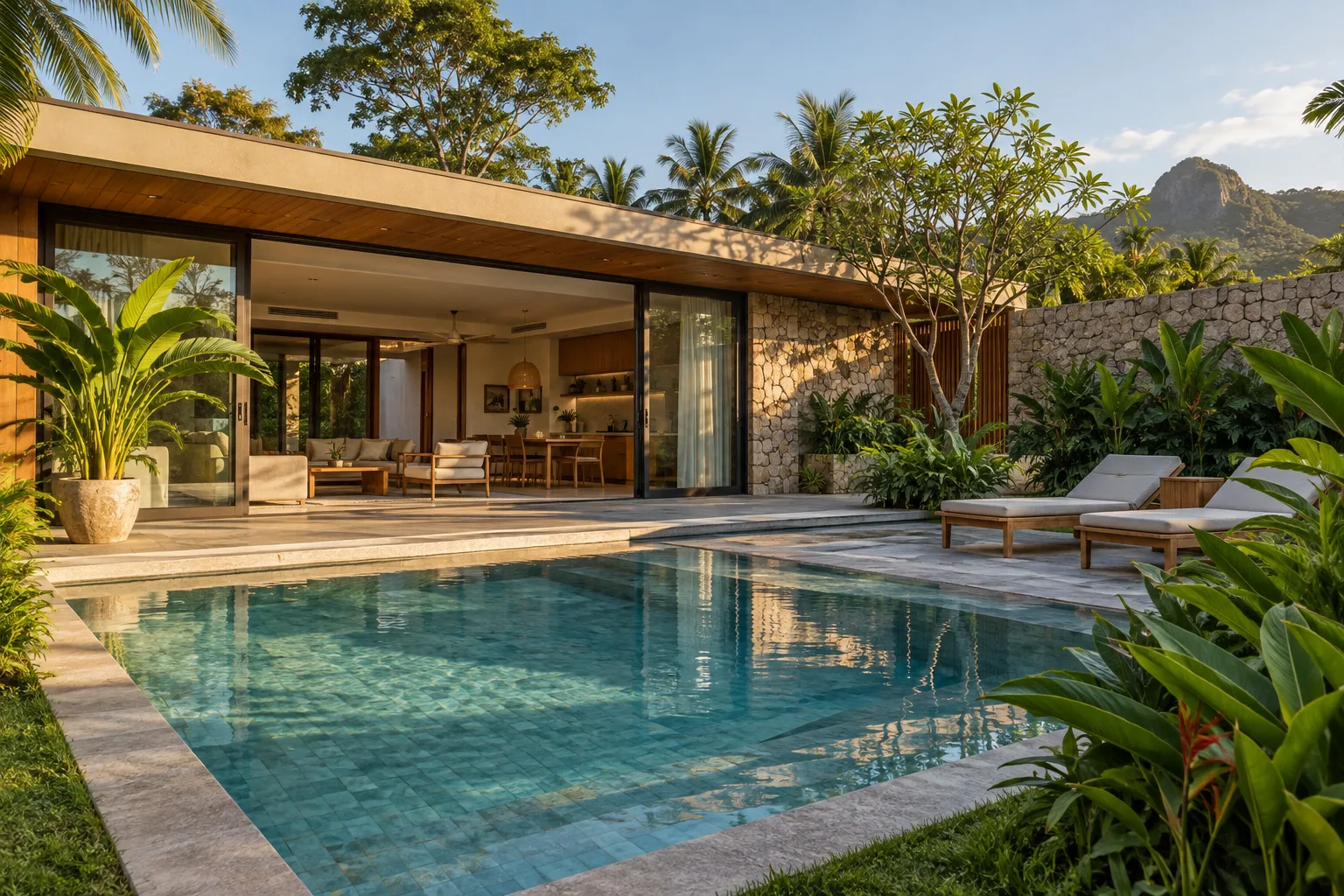 Casa térrea ilustrativa com piscina, pedra natural e jardim tropical.