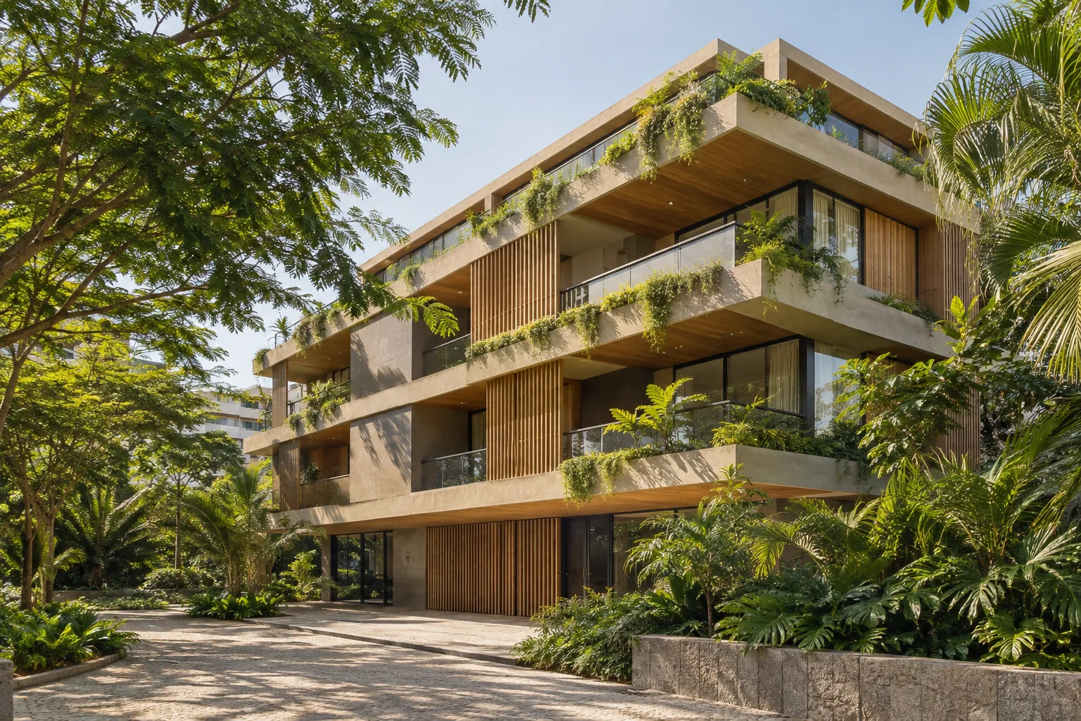 Edifício residencial contemporâneo ilustrativo entre árvores tropicais.