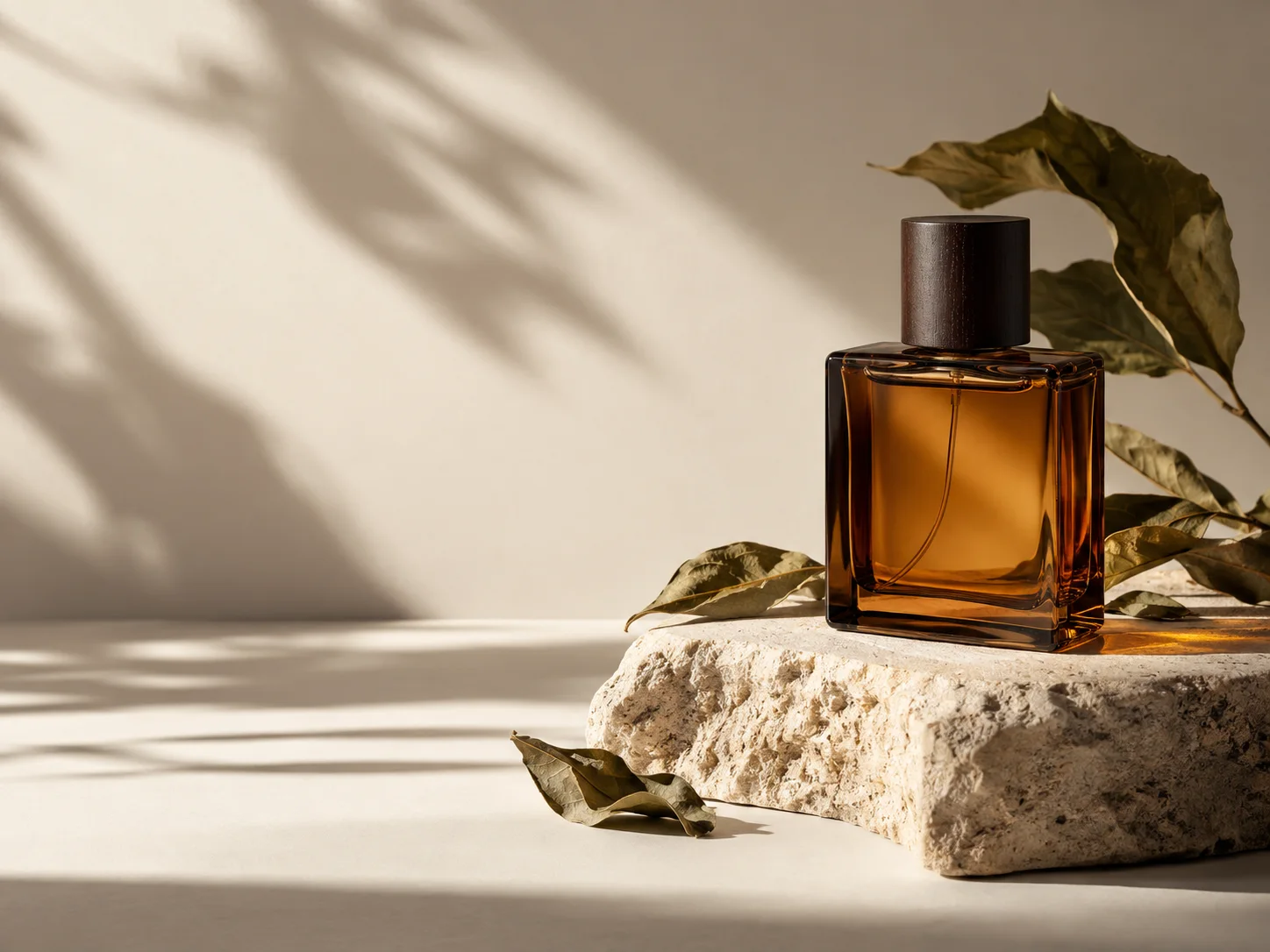 Frasco de perfume fictício em vidro âmbar sobre pedra clara e folhas secas.